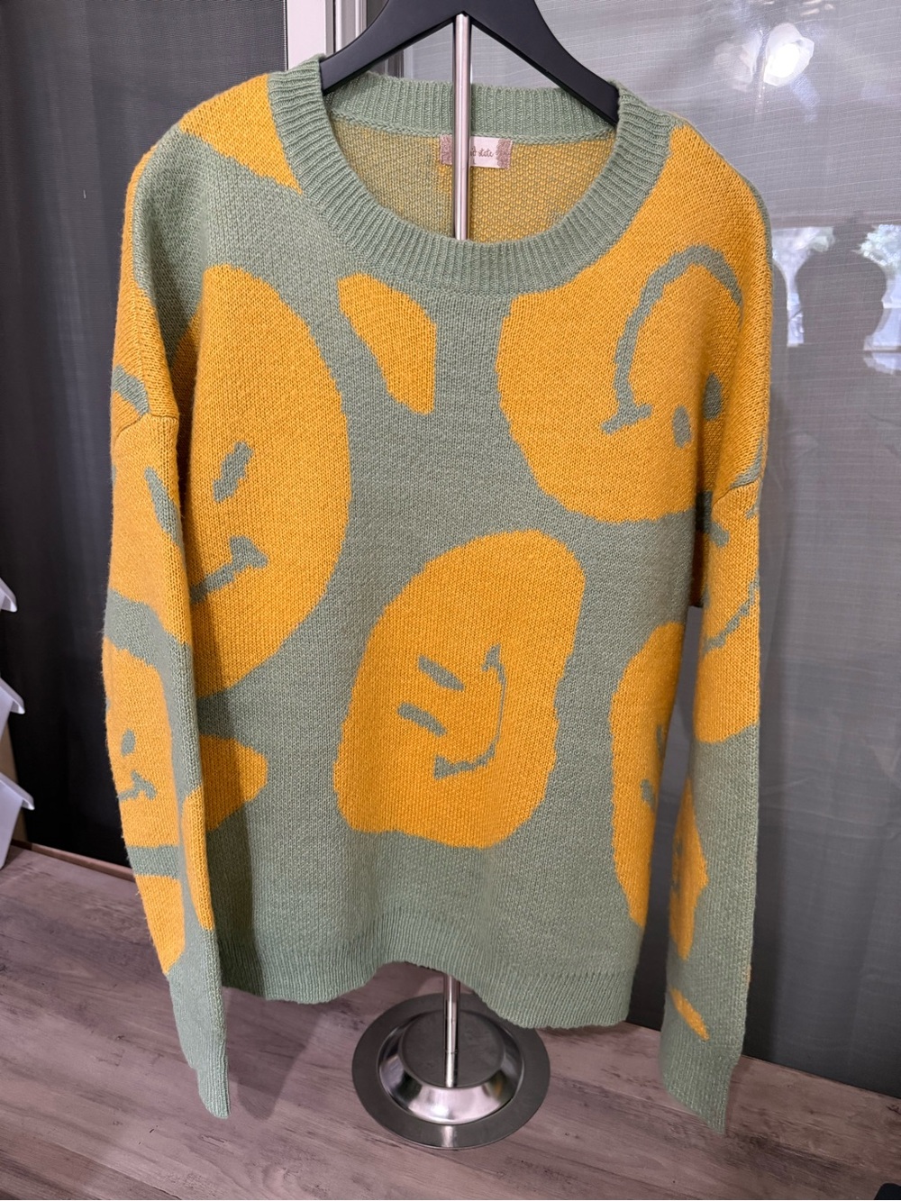 Altar'd State Sage Green & Mustard Smiley Intarsia Crewneck Sweater